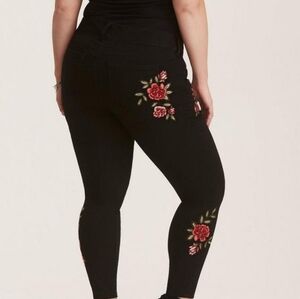 Torrid Black Leggings with Red and Green Floral Design